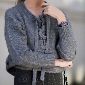Zara Gray Wool Blend Lace Up Sweater